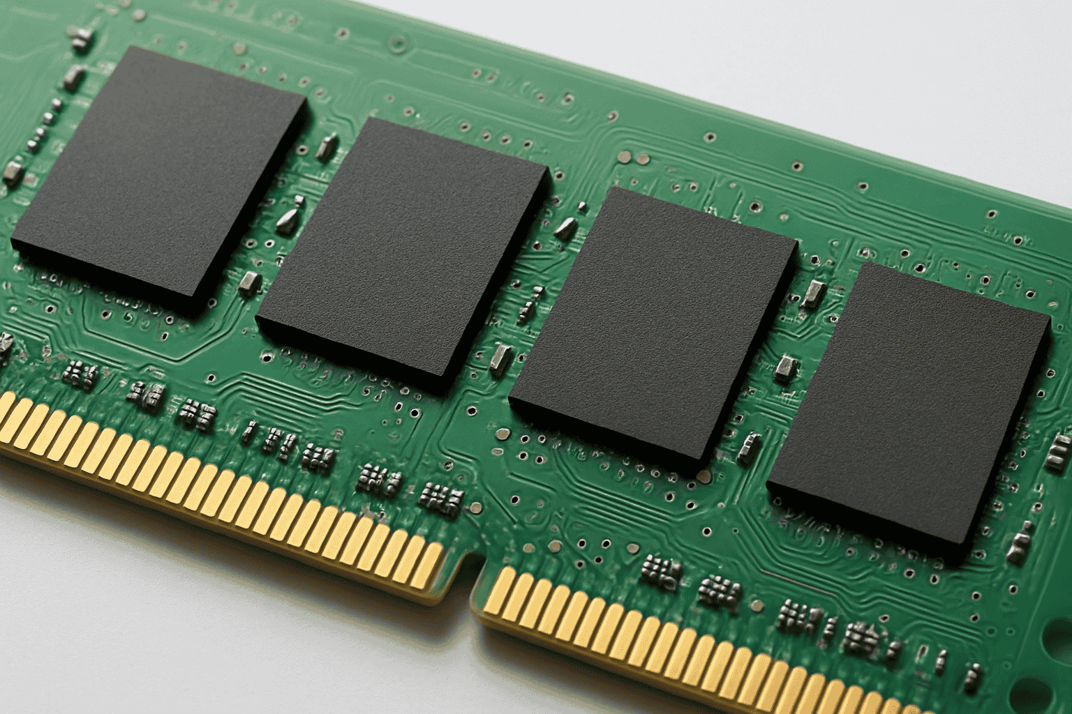 Close-up view of a green computer memory module showing circuits and chips