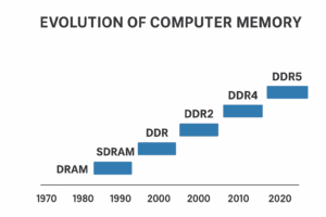 Timeline chart showing the evolution of computer memory from DRAM to DDR5