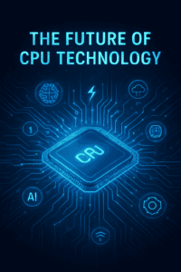 Conceptual illustration of futuristic CPU design with glowing circuits representing advanced computing power.