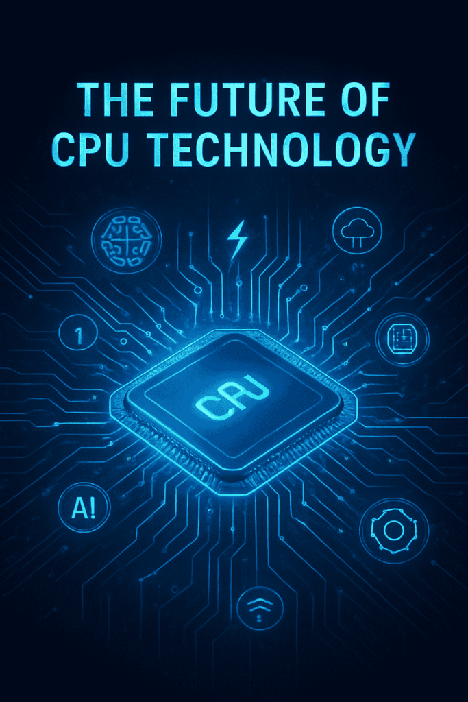 Conceptual illustration of futuristic CPU design with glowing circuits representing advanced computing power.