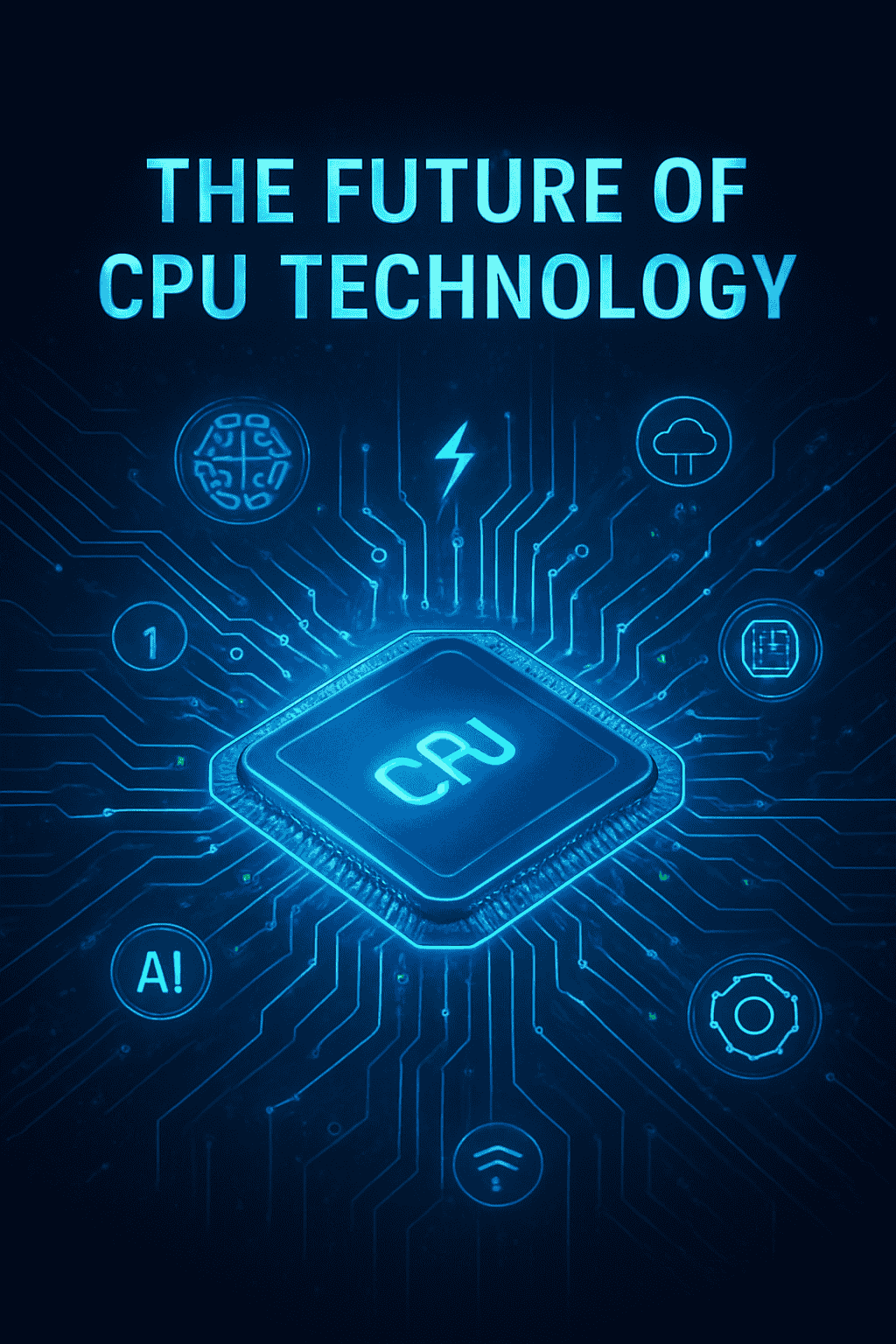 Conceptual illustration of futuristic CPU design with glowing circuits representing advanced computing power.