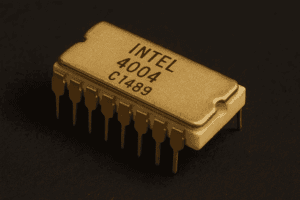 Photo of the Intel 4004 microprocessor, the first commercial CPU introduced in 1971.