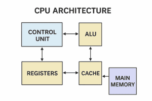 Diagram of CPU architecture showing the control unit, ALU, registers, and cache memory.