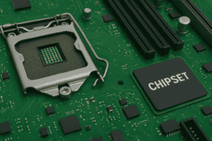 Close-up view of a motherboard CPU socket and chipset in a modern computer
