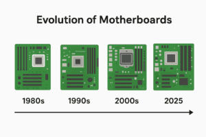Comparison of early 1980s motherboard and modern 2025 motherboard design