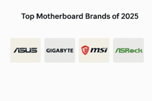 Logos of leading motherboard brands including ASUS, MSI, Gigabyte, ASRock, and Biostar