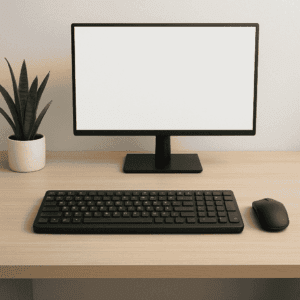 Keyboard on a minimalist desk with monitor and mouse