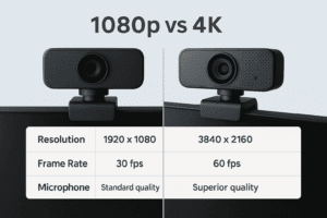 Infographic comparing 1080p and 4K webcams with resolution and frame rate differences