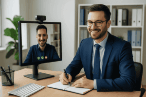Business professional using a webcam for online meetings in a well-lit office