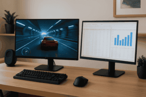 Dual computer screens on a desk for gaming and office productivity