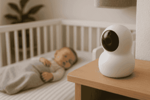 Smart baby cam monitoring a sleeping infant in crib