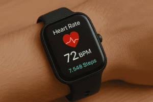 Smartwatch fitness tracker measuring heart rate and steps