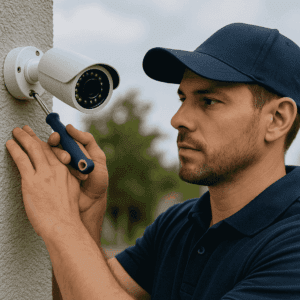 Technician installing a CCTV security camera system outdoors
