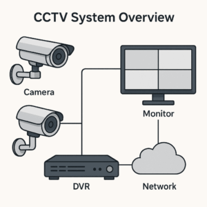 Closed-Circuit Television (CCTV) system showing cameras, DVR, monitor, and network connection