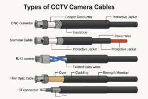 Illustration showing coaxial, Siamese, Ethernet, and fiber optic CCTV camera cables with labeled parts and connectors.