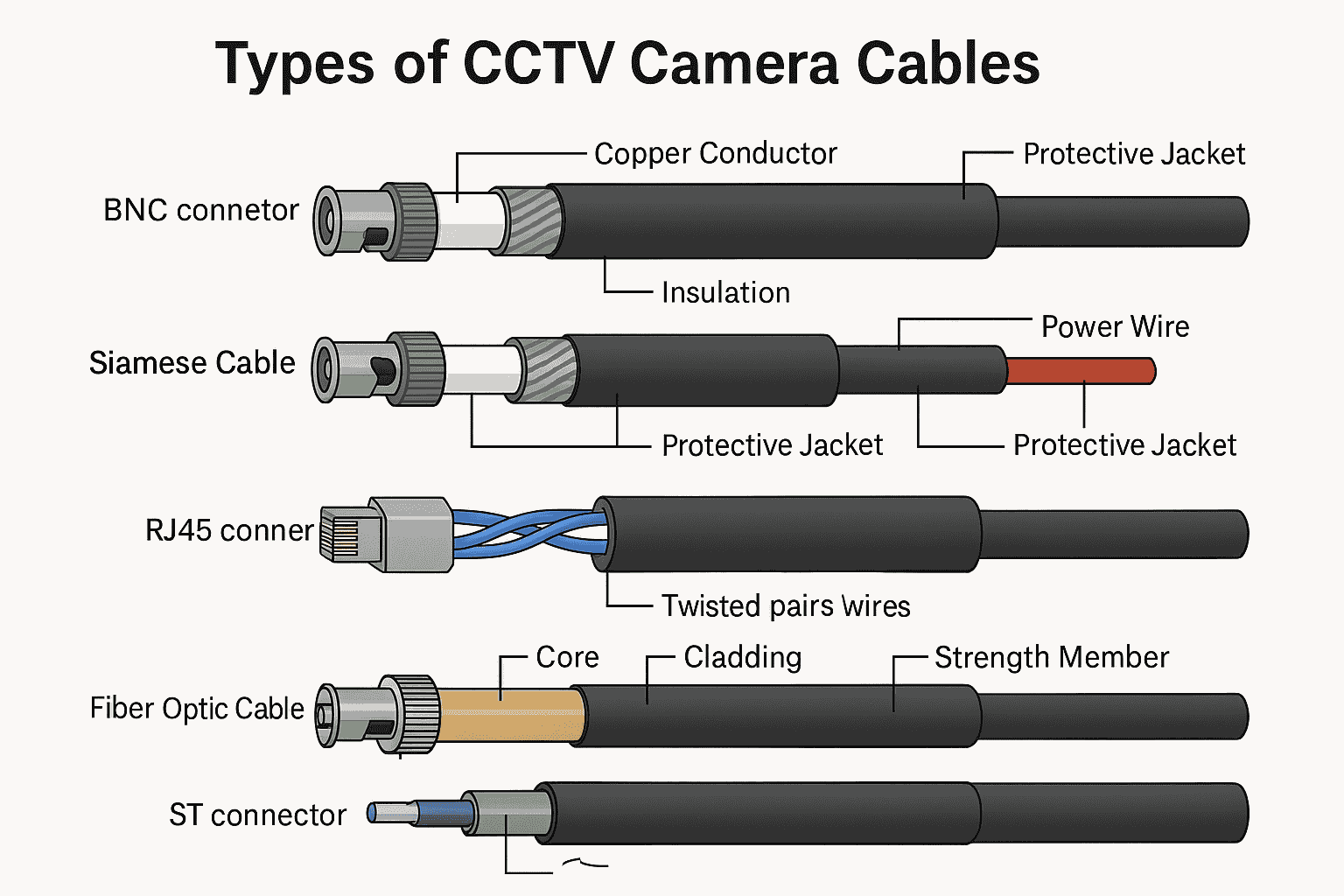 Illustration showing coaxial, Siamese, Ethernet, and fiber optic CCTV camera cables with labeled parts and connectors.