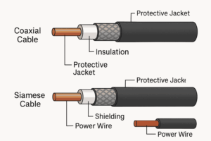 Diagram showing the internal layers of coaxial and Siamese CCTV cables, including copper conductor, shielding, and power wire.