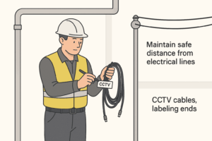 Technician organizing CCTV cables inside conduits, labeling ends, and maintaining safe distance from electrical lines.