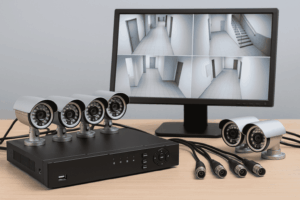 Digital Video Recorder CCTV system setup with cameras and monitor