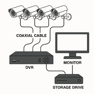 Diagram of how Digital Video Recorder CCTV system works with cameras, cables, and monitor