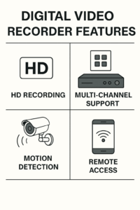 Infographic showing key features of Digital Video Recorder CCTV systems including HD recording and motion detection