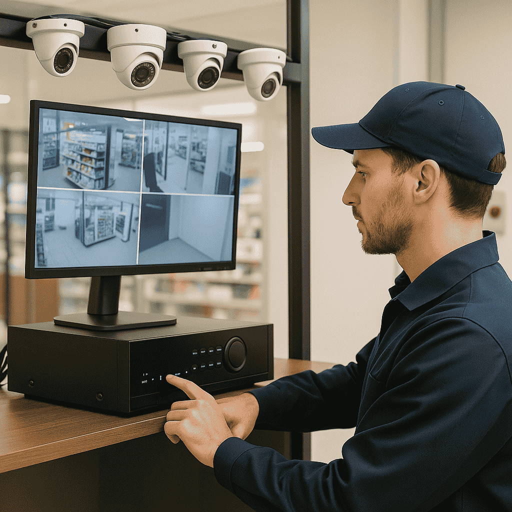 Technician installing Digital Video Recorder CCTV system in retail security setup