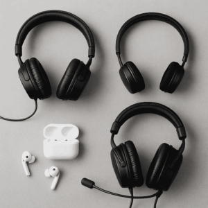 Flat-lay photo of over-ear, in-ear, wireless, and gaming headphones on a desk.