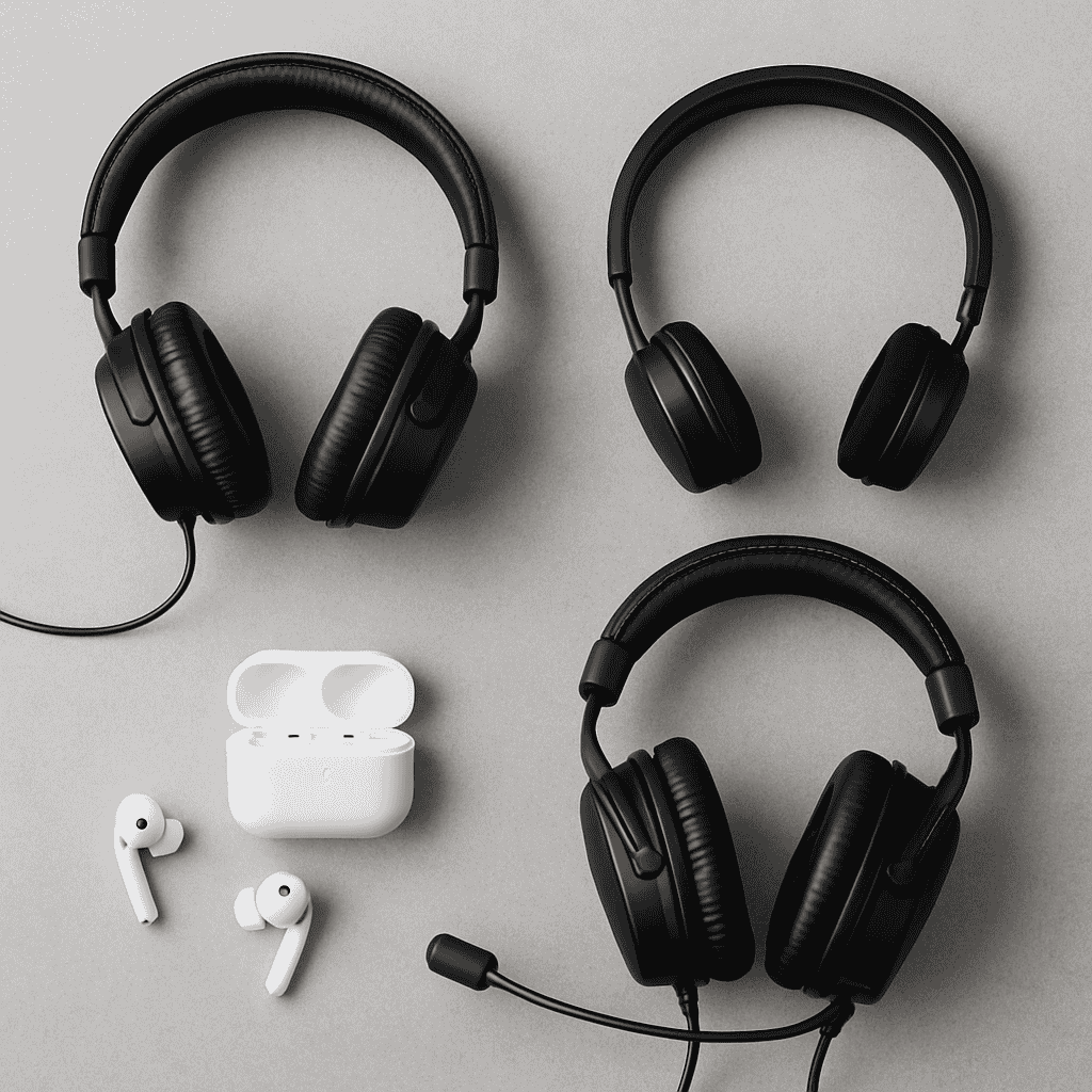 Flat-lay photo of over-ear, in-ear, wireless, and gaming headphones on a desk.