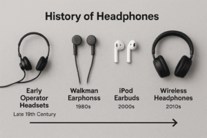 Timeline infographic showing headphone evolution from operator headsets to modern wireless headphones.