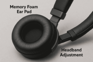 Close-up of memory foam ear pads and headband adjustment on headphones.