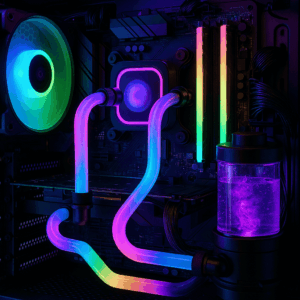 Gaming computer with liquid cooling system, water blocks, pump, and RGB tubing