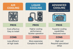 Infographic comparing air cooling, liquid cooling, and advanced cooling methods with pros and cons