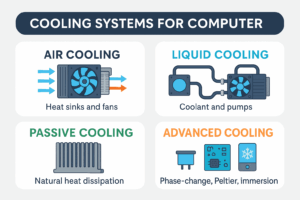 Diagram showing different types of computer cooling systems for PC performance