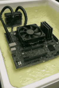 Server hardware submerged in non-conductive immersion cooling fluid