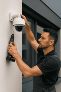 A technician installing a network camera for a smart surveillance system.