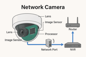 Illustration of network camera components and data flow to NVR and network devices.