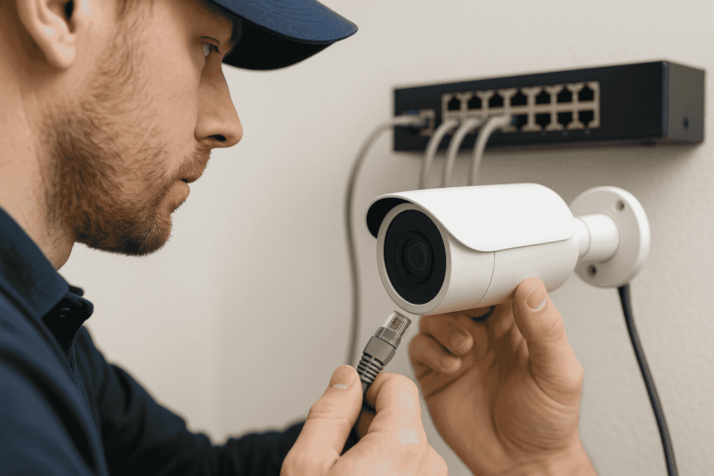 A technician connecting a PoE network camera to a router during installation. A project we did for a client in Lombard, Dupage County