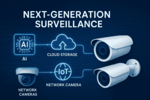 Infographic showing AI, cloud, and IoT integration in future network camera systems.