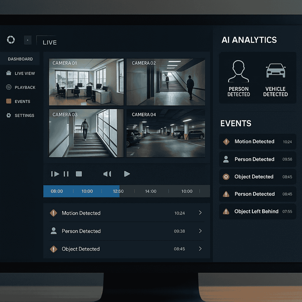 Modern CCTV security software dashboard showing live feeds, AI analytics, and smart alerts