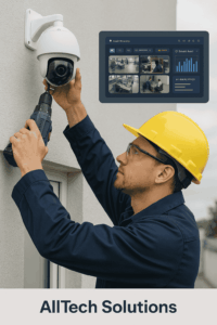 Technician installing CCTV system integrated with smart security software by AllTech Solutions