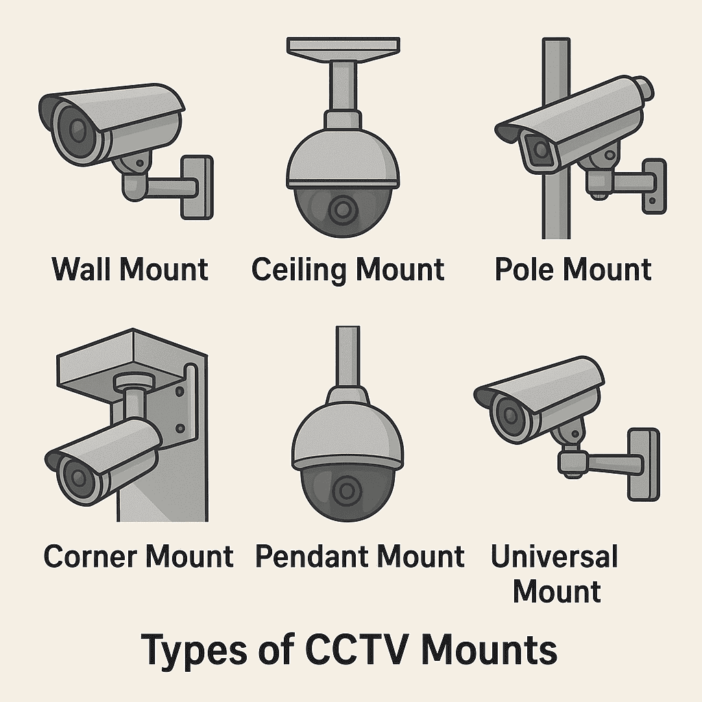 Infographic showing different types of CCTV mounts including wall, ceiling, pole, corner, pendant, and universal camera mounts.
