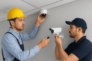 Technician installing CCTV cameras using wall and ceiling mounts in an office building.