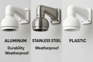 Comparison of CCTV mounts made from aluminum, stainless steel, and plastic materials with durability indicators.