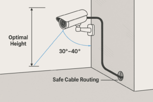 Diagram showing correct CCTV mounting height, camera angle, and cable routing through walls and conduits.