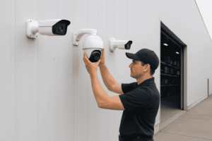 Professional CCTV installation showing multiple camera mount types including wall, ceiling, and pole mounts.