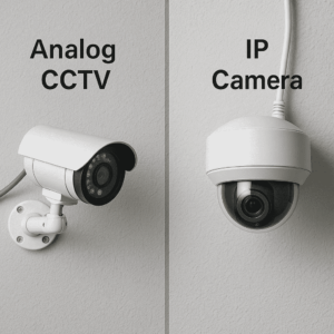 Side-by-side visual of analog CCTV setup and modern IP camera system