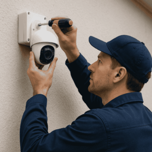 Technician installing a dome security camera on a wall