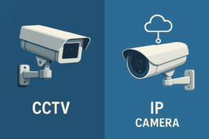 Side-by-side comparison of CCTV and surveillance systems showing analog and digital cameras with network connectivity.