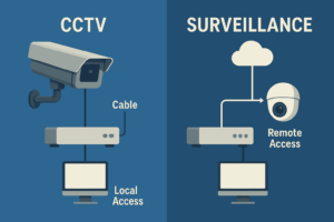 Diagram comparing CCTV’s closed-circuit wired connection with IP surveillance’s network and cloud-based access.