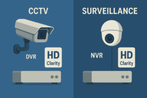 Analog CCTV camera connected to DVR compared with digital IP surveillance camera connected to NVR.